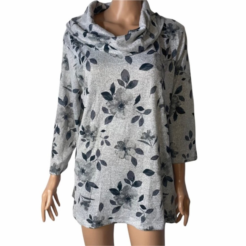 NEW Croft Barrow M Gray Floral Cowl Neck Knit Tunic Top Blouse